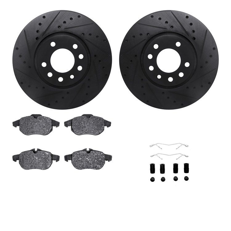 8312-65019 Drilled/Slotted Brake Rotors with 3000-Series Ceramic Brake Pads Kit & Hardware [Black], 2003-2011 GM, Position: Fron