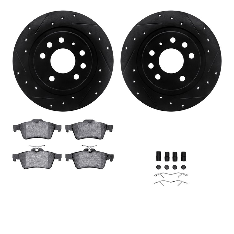 8312-65020 Drilled/Slotted Brake Rotors with 3000-Series Ceramic Brake Pads Kit & Hardware [Black], 2003-2011 GM, Position: Rear