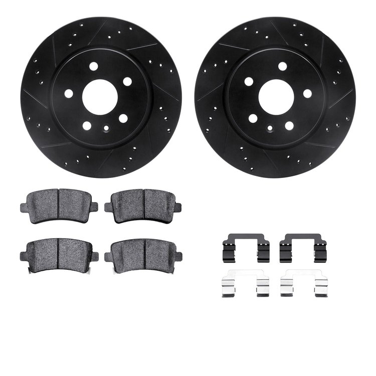 8312-65025 Drilled/Slotted Brake Rotors with 3000-Series Ceramic Brake Pads Kit & Hardware [Black], 2010-2020 GM, Position: Rear