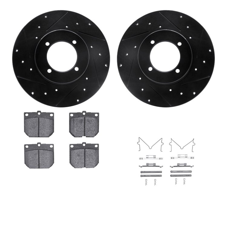 8312-67005 Drilled/Slotted Brake Rotors with 3000-Series Ceramic Brake Pads Kit & Hardware [Black], 1974-1978 Infiniti/Nissan, P