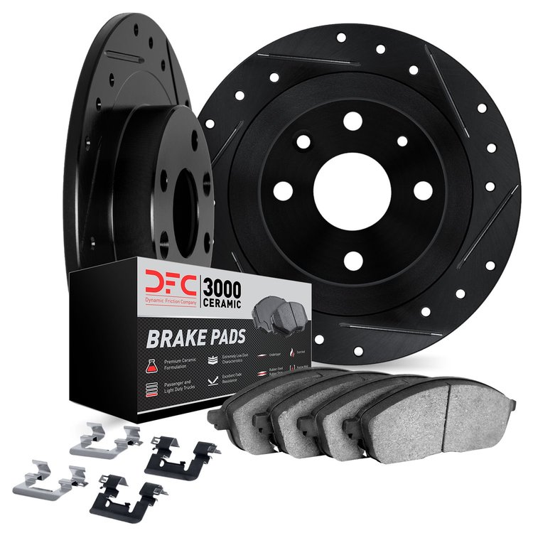 8312-67006 Drilled/Slotted Brake Rotors with 3000-Series Ceramic Brake Pads Kit & Hardware [Black], 1977-1980 Infiniti/Nissan, P