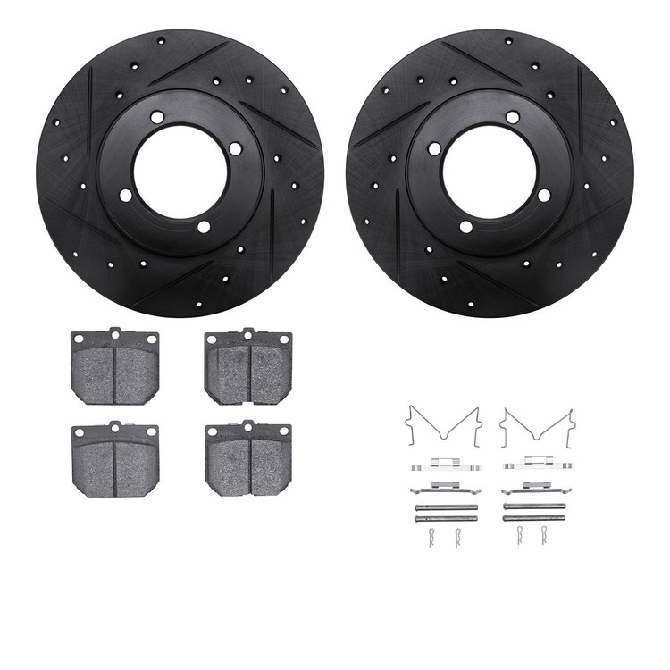 8312-67007 Drilled/Slotted Brake Rotors with 3000-Series Ceramic Brake Pads Kit & Hardware [Black], 1970-1973 Infiniti/Nissan, P