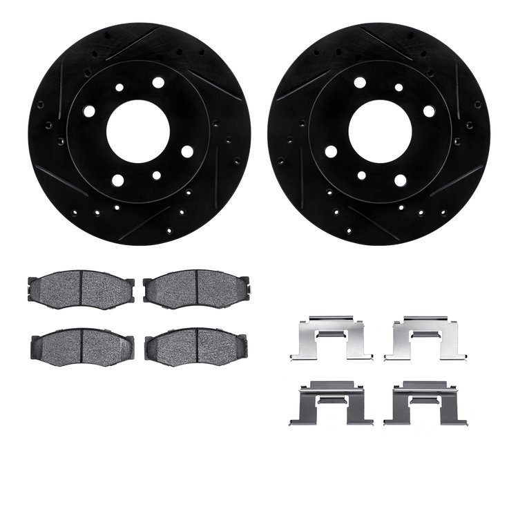 8312-67019 Drilled/Slotted Brake Rotors with 3000-Series Ceramic Brake Pads Kit & Hardware [Black], 1985-1989 Infiniti/Nissan, P