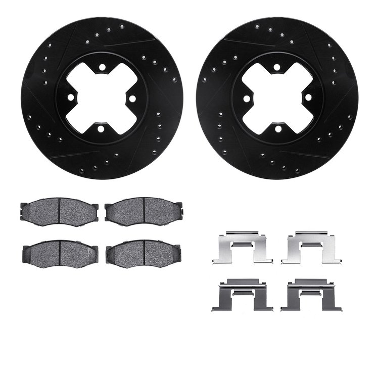 8312-67020 Drilled/Slotted Brake Rotors with 3000-Series Ceramic Brake Pads Kit & Hardware [Black], 1984-1985 Infiniti/Nissan, P