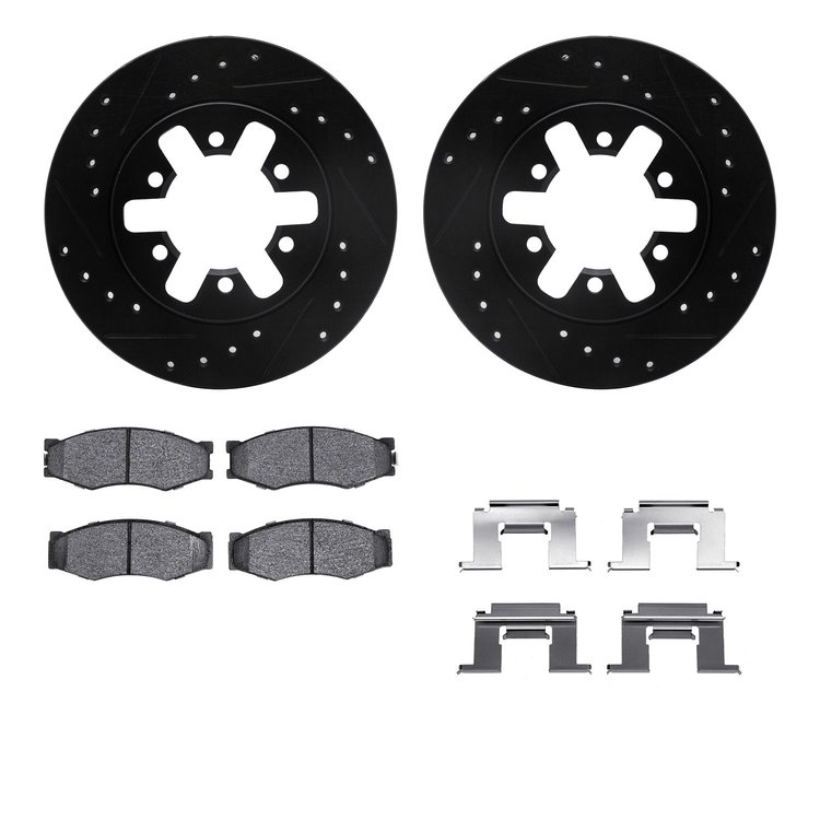 8312-67022 Drilled/Slotted Brake Rotors with 3000-Series Ceramic Brake Pads Kit & Hardware [Black], 1982-1985 Infiniti/Nissan, P