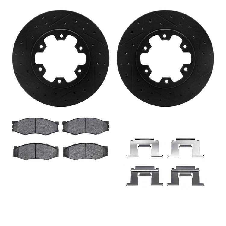 8312-67023 Drilled/Slotted Brake Rotors with 3000-Series Ceramic Brake Pads Kit & Hardware [Black], 1983-1985 Infiniti/Nissan, P