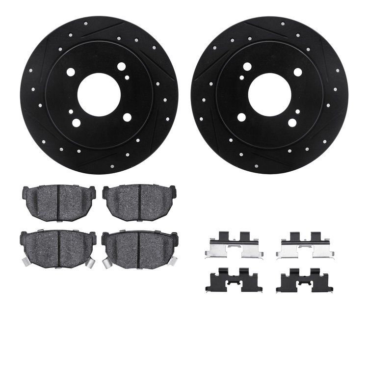 8312-67029 Drilled/Slotted Brake Rotors with 3000-Series Ceramic Brake Pads Kit & Hardware [Black], 1982-1988 Infiniti/Nissan, P