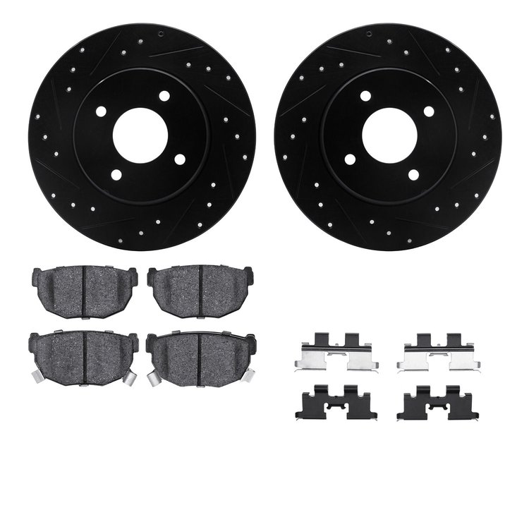 8312-67030 Drilled/Slotted Brake Rotors with 3000-Series Ceramic Brake Pads Kit & Hardware [Black], 1984-1985 Infiniti/Nissan, P