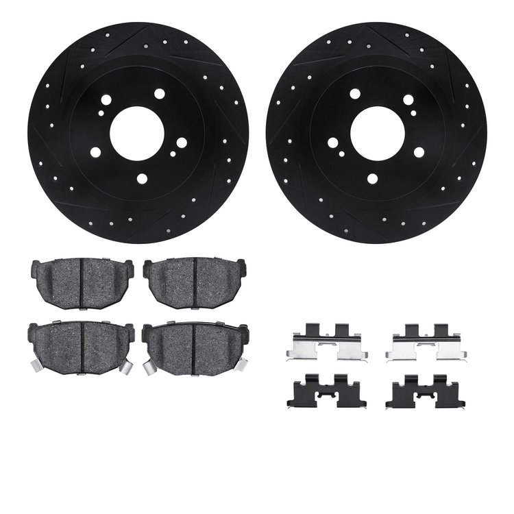 8312-67031 Drilled/Slotted Brake Rotors with 3000-Series Ceramic Brake Pads Kit & Hardware [Black], 1984-1988 Infiniti/Nissan, P