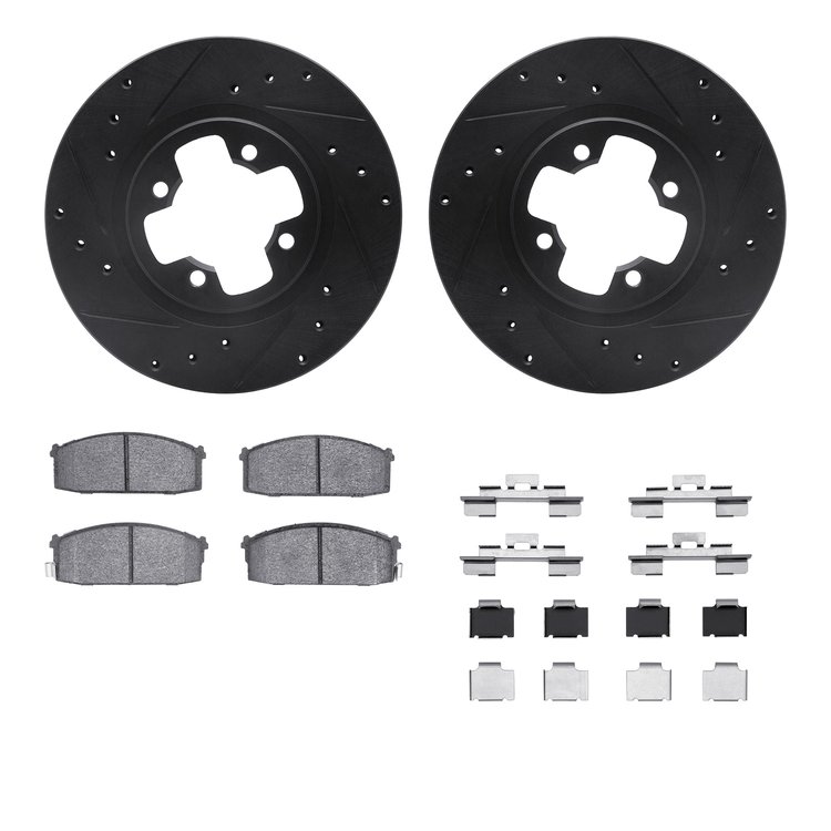 8312-67038 Drilled/Slotted Brake Rotors with 3000-Series Ceramic Brake Pads Kit & Hardware [Black], 1987-1988 Infiniti/Nissan, P