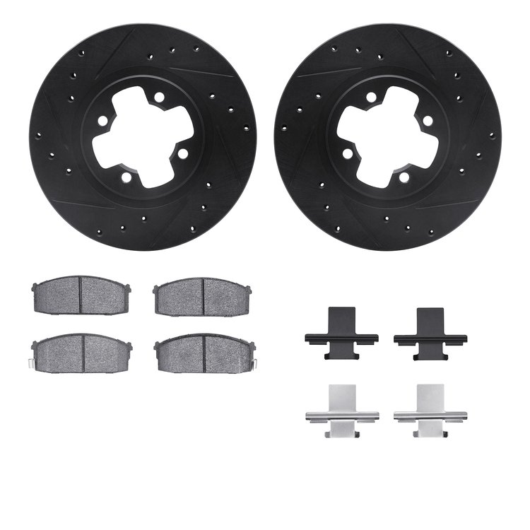 8312-67039 Drilled/Slotted Brake Rotors with 3000-Series Ceramic Brake Pads Kit & Hardware [Black], 1981-1986 Infiniti/Nissan, P