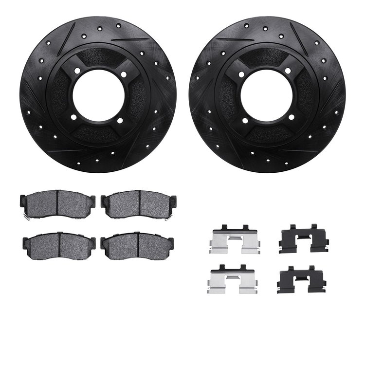 8312-67041 Drilled/Slotted Brake Rotors with 3000-Series Ceramic Brake Pads Kit & Hardware [Black], 1982-1986 Infiniti/Nissan, P