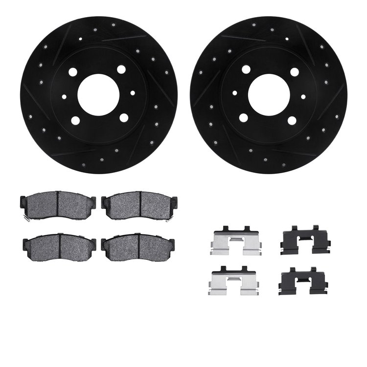 8312-67042 Drilled/Slotted Brake Rotors with 3000-Series Ceramic Brake Pads Kit & Hardware [Black], 1986-1994 Infiniti/Nissan, P