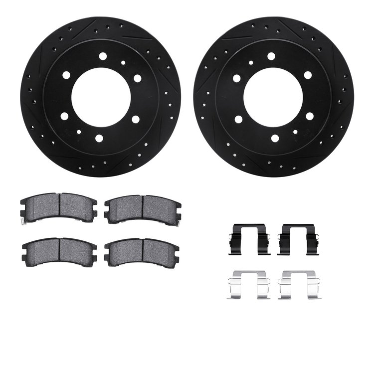 8312-67055 Drilled/Slotted Brake Rotors with 3000-Series Ceramic Brake Pads Kit & Hardware [Black], 1988-1995 Infiniti/Nissan, P