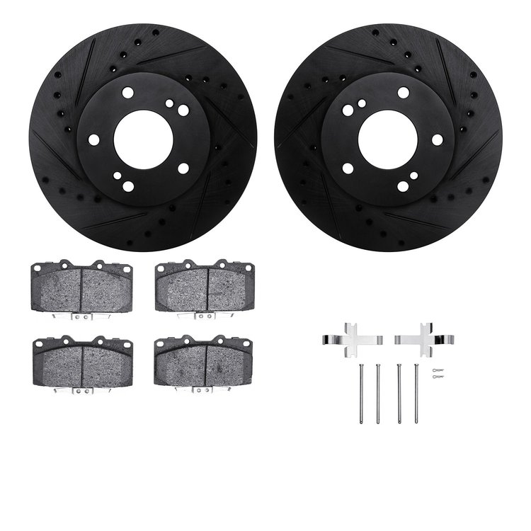 8312-67070 Drilled/Slotted Brake Rotors with 3000-Series Ceramic Brake Pads Kit & Hardware [Black], 1989-1990 Infiniti/Nissan, P