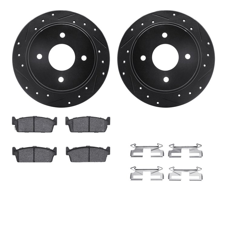 8312-68002 Drilled/Slotted Brake Rotors with 3000-Series Ceramic Brake Pads Kit & Hardware [Black], 1990-1992 Infiniti/Nissan, P