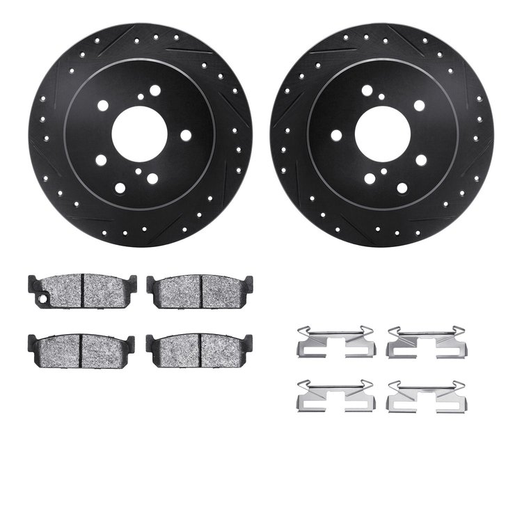 8312-68003 Drilled/Slotted Brake Rotors with 3000-Series Ceramic Brake Pads Kit & Hardware [Black], 1990-1993 Infiniti/Nissan, P