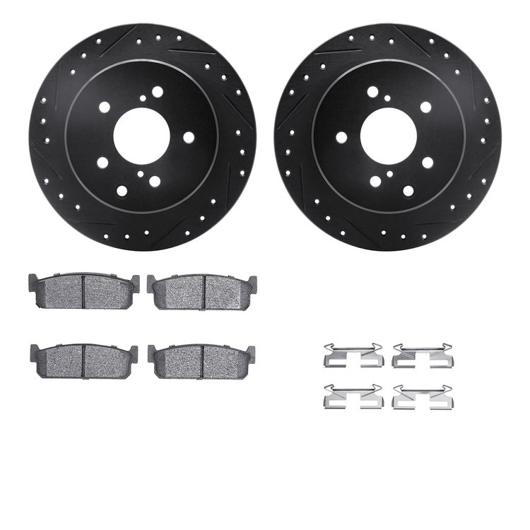 8312-68005 Drilled/Slotted Brake Rotors with 3000-Series Ceramic Brake Pads Kit & Hardware [Black], 1994-1996 Infiniti/Nissan, P