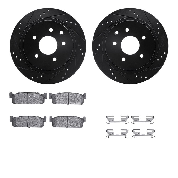 8312-68007 Drilled/Slotted Brake Rotors with 3000-Series Ceramic Brake Pads Kit & Hardware [Black], 2002-2006 Infiniti/Nissan, P
