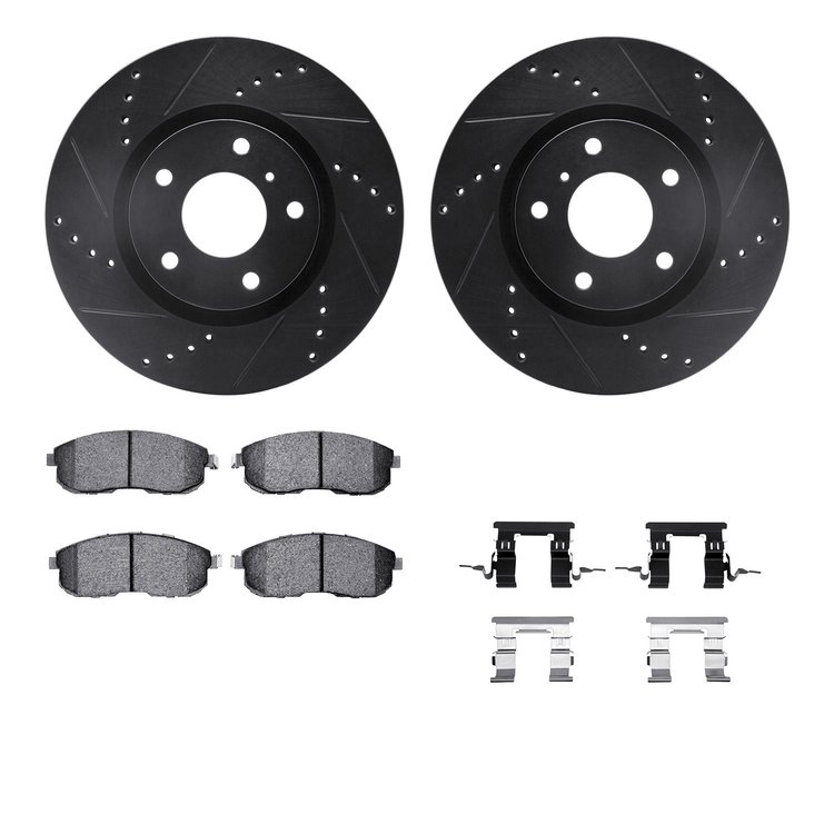 8312-68009 Drilled/Slotted Brake Rotors with 3000-Series Ceramic Brake Pads Kit & Hardware [Black], 2003-2005 Infiniti/Nissan, P