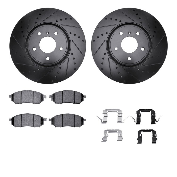 8312-68010 Drilled/Slotted Brake Rotors with 3000-Series Ceramic Brake Pads Kit & Hardware [Black], 2005-2014 Infiniti/Nissan, P