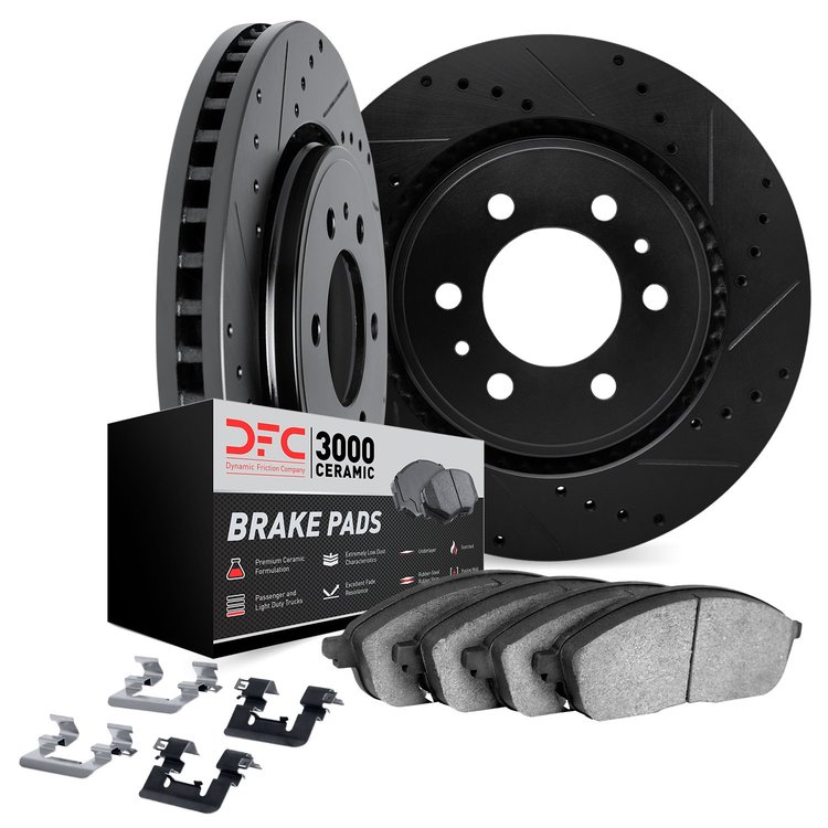 8312-72023 Drilled/Slotted Brake Rotors with 3000-Series Ceramic Brake Pads Kit & Hardware [Black], 1986-1996 Multiple Makes/Mod