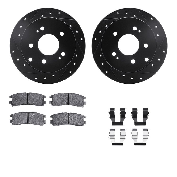 8312-72029 Drilled/Slotted Brake Rotors with 3000-Series Ceramic Brake Pads Kit & Hardware [Black], 2004-2012 Mitsubishi, Positi