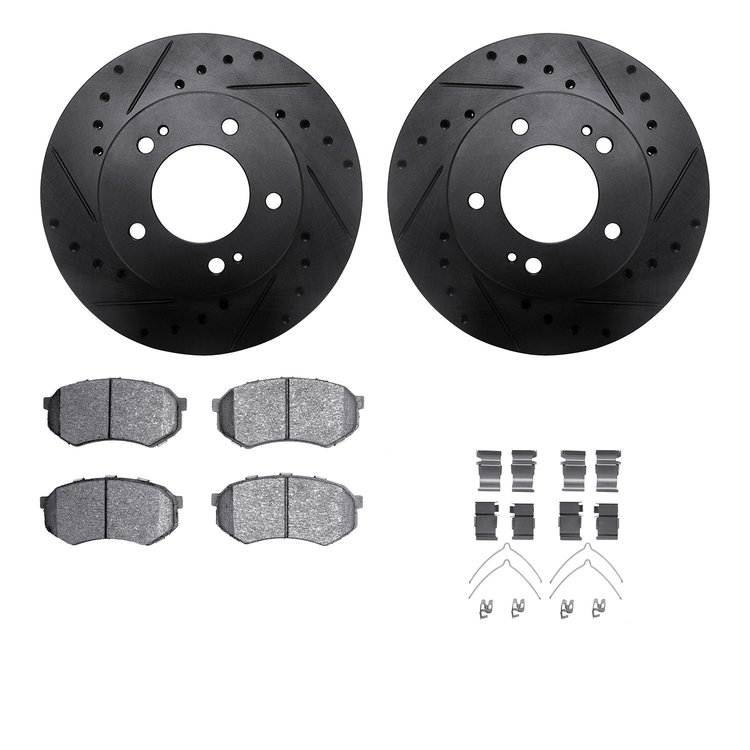 8312-72033 Drilled/Slotted Brake Rotors with 3000-Series Ceramic Brake Pads Kit & Hardware [Black], 1983-1989 Multiple Makes/Mod
