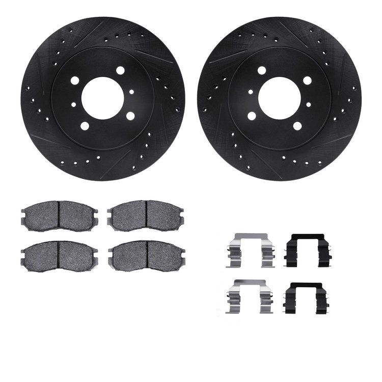 8312-72038 Drilled/Slotted Brake Rotors with 3000-Series Ceramic Brake Pads Kit & Hardware [Black], 1998-2002 Mitsubishi, Positi