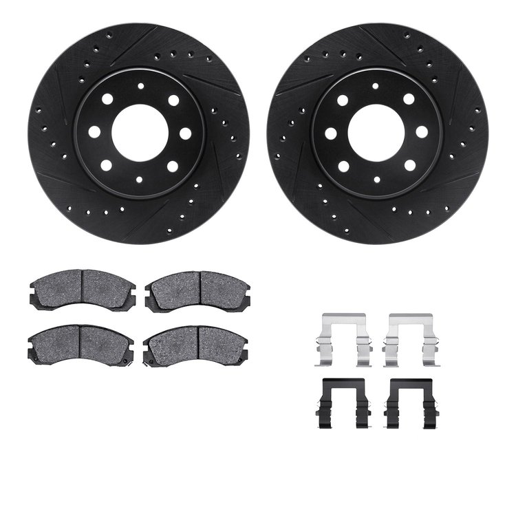 8312-72040 Drilled/Slotted Brake Rotors with 3000-Series Ceramic Brake Pads Kit & Hardware [Black], 1990-1993 Mitsubishi, Positi