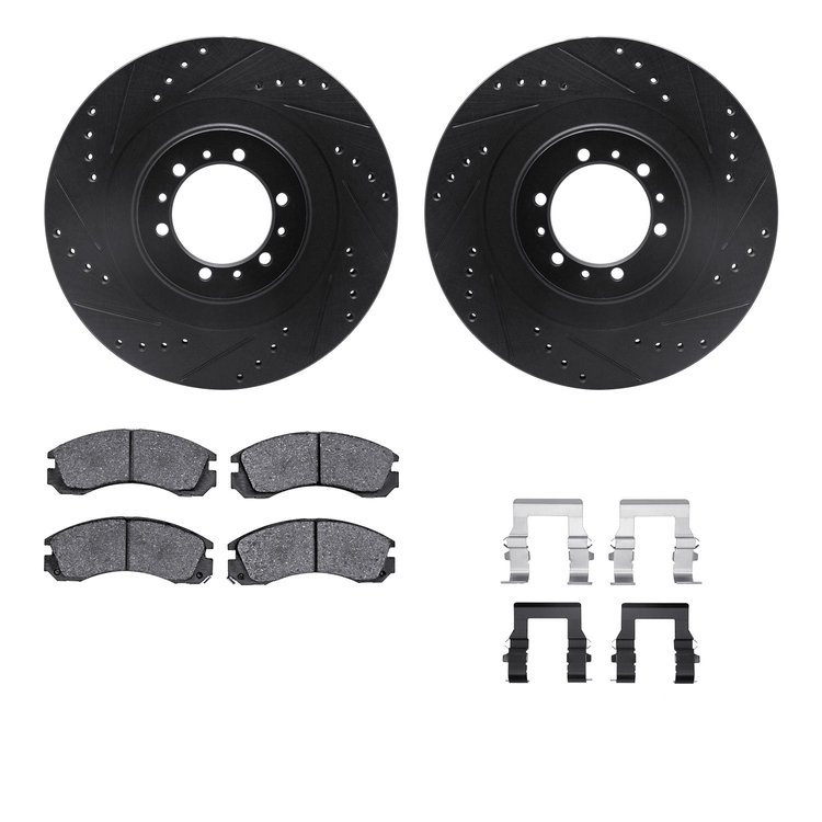8312-72044 Drilled/Slotted Brake Rotors with 3000-Series Ceramic Brake Pads Kit & Hardware [Black], 1998-2004 Mitsubishi, Positi
