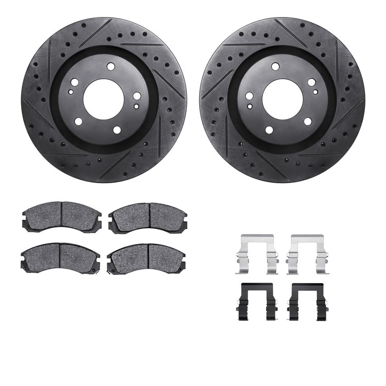 8312-72045 Drilled/Slotted Brake Rotors with 3000-Series Ceramic Brake Pads Kit & Hardware [Black], Fits Select Mitsubishi, Posi