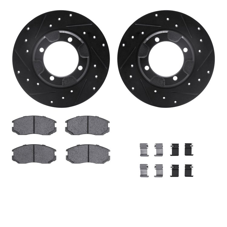 8312-72058 Drilled/Slotted Brake Rotors with 3000-Series Ceramic Brake Pads Kit & Hardware [Black], 1991-1991 Mopar, Position: F