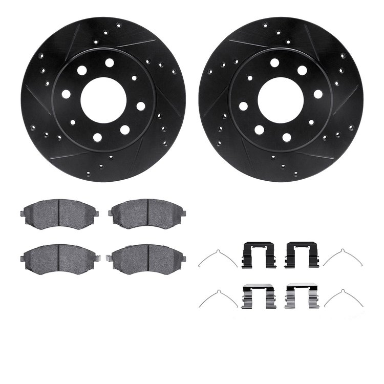 8312-72065 Drilled/Slotted Brake Rotors with 3000-Series Ceramic Brake Pads Kit & Hardware [Black], 1998-2001 Kia/Hyundai/Genesi
