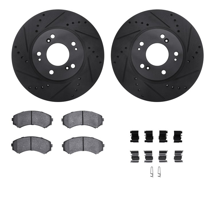 8312-72072 Drilled/Slotted Brake Rotors with 3000-Series Ceramic Brake Pads Kit & Hardware [Black], 2004-2011 Mitsubishi, Positi