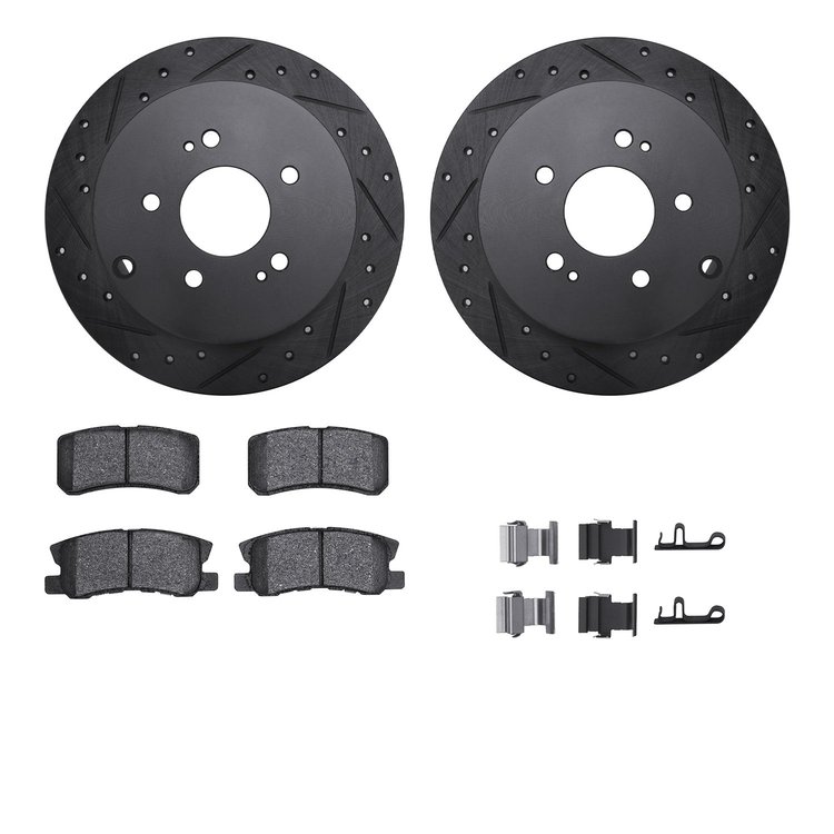 8312-72074 Drilled/Slotted Brake Rotors with 3000-Series Ceramic Brake Pads Kit & Hardware [Black], 2004-2011 Mitsubishi, Positi