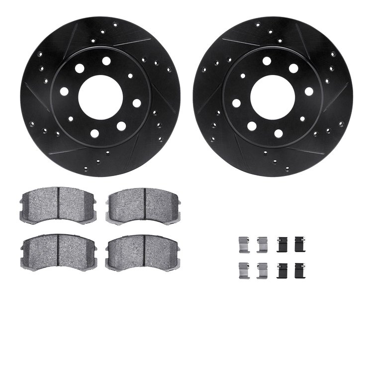8312-72076 Drilled/Slotted Brake Rotors with 3000-Series Ceramic Brake Pads Kit & Hardware [Black], 2002-2007 Mitsubishi, Positi