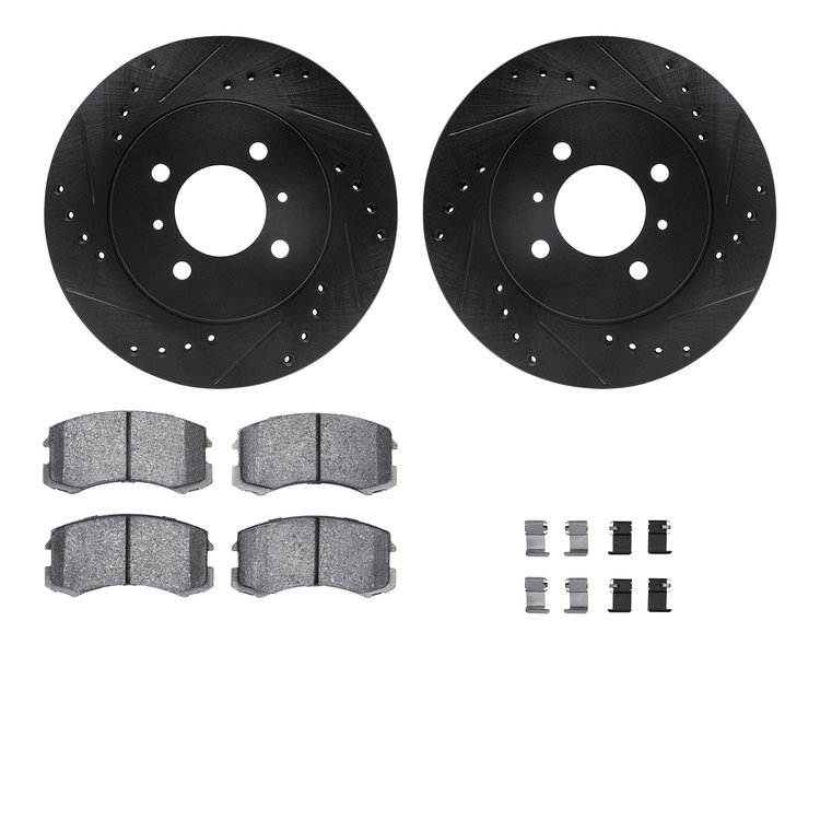 8312-72077 Drilled/Slotted Brake Rotors with 3000-Series Ceramic Brake Pads Kit & Hardware [Black], 2002-2007 Mitsubishi, Positi