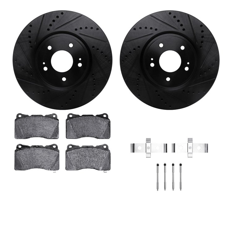 8312-72080 Drilled/Slotted Brake Rotors with 3000-Series Ceramic Brake Pads Kit & Hardware [Black], 2003-2006 Mitsubishi, Positi