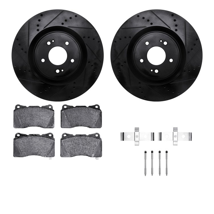 8312-72082 Drilled/Slotted Brake Rotors with 3000-Series Ceramic Brake Pads Kit & Hardware [Black], 2008-2015 Mitsubishi, Positi