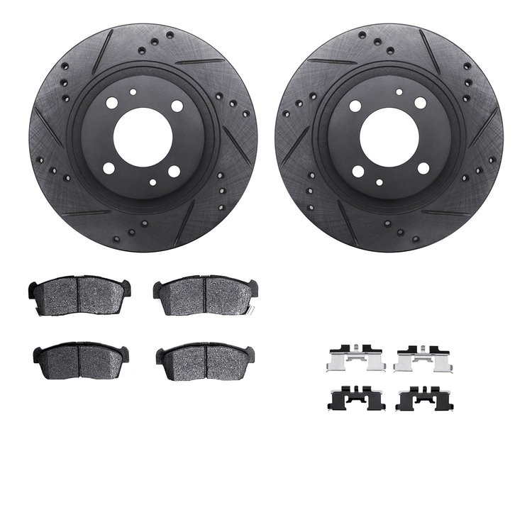 8312-72086 Drilled/Slotted Brake Rotors with 3000-Series Ceramic Brake Pads Kit & Hardware [Black], 2012-2017 Mitsubishi, Positi