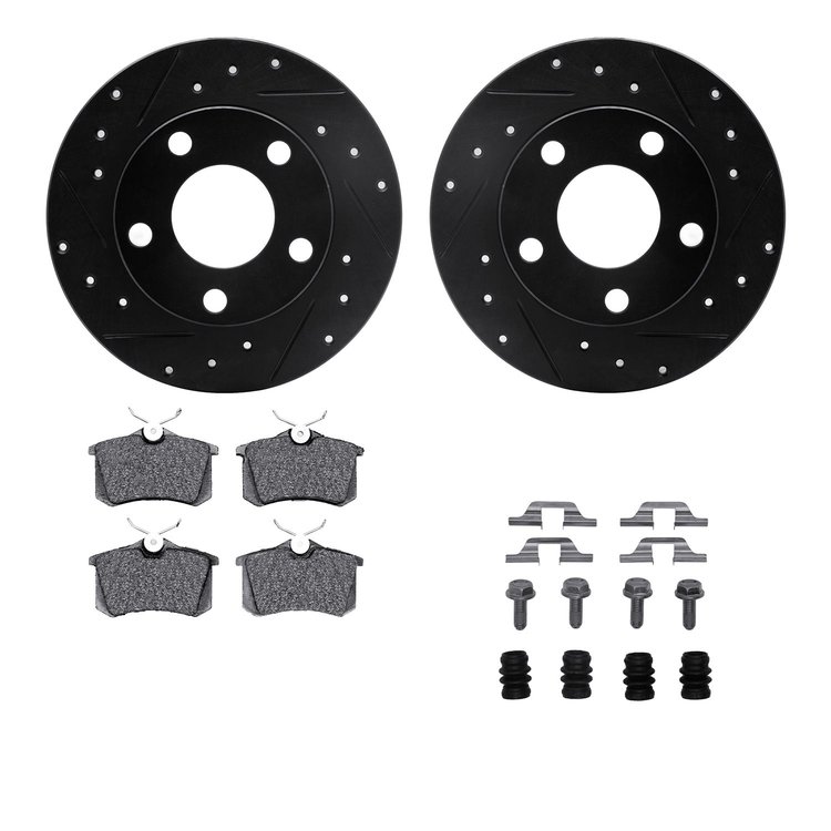 8312-73025 Drilled/Slotted Brake Rotors with 3000-Series Ceramic Brake Pads Kit & Hardware [Black], 1999-2001 Audi/Volkswagen, P