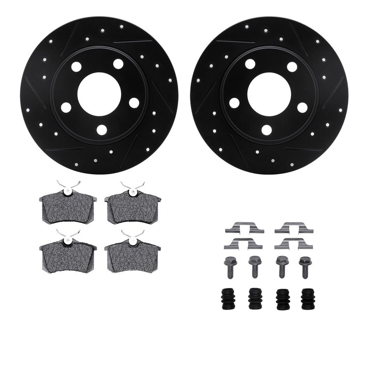 8312-73027 Drilled/Slotted Brake Rotors with 3000-Series Ceramic Brake Pads Kit & Hardware [Black], 1999-2005 Audi/Volkswagen, P