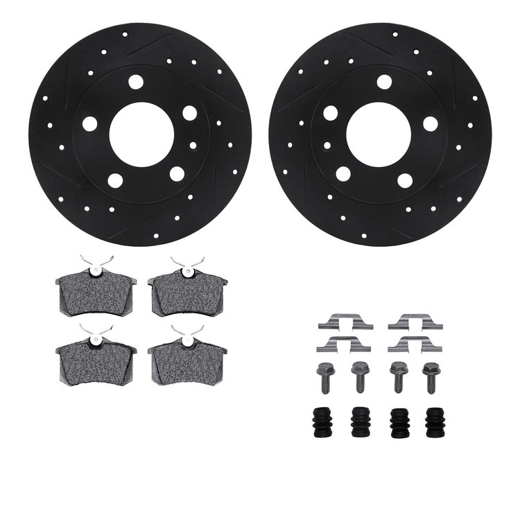 8312-73028 Drilled/Slotted Brake Rotors with 3000-Series Ceramic Brake Pads Kit & Hardware [Black], 2002-2006 Audi/Volkswagen, P