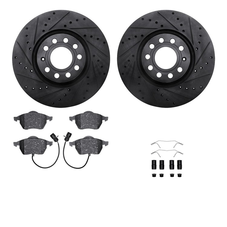 8312-73036 Drilled/Slotted Brake Rotors with 3000-Series Ceramic Brake Pads Kit & Hardware [Black], 1997-2000 Audi/Volkswagen, P