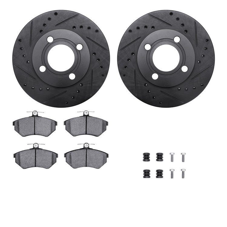 8312-73037 Drilled/Slotted Brake Rotors with 3000-Series Ceramic Brake Pads Kit & Hardware [Black], 1984-1987 Audi/Volkswagen, P