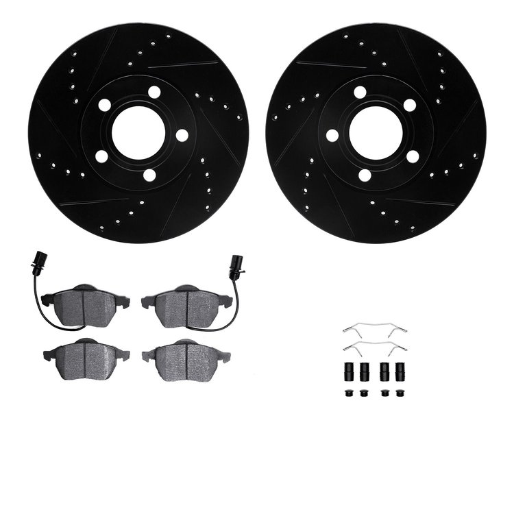 8312-73047 Drilled/Slotted Brake Rotors with 3000-Series Ceramic Brake Pads Kit & Hardware [Black], 1998-2008 Audi/Volkswagen, P