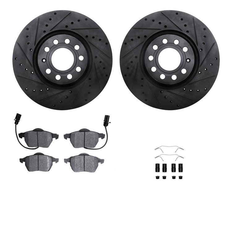 8312-73048 Drilled/Slotted Brake Rotors with 3000-Series Ceramic Brake Pads Kit & Hardware [Black], 1999-2006 Audi/Volkswagen, P