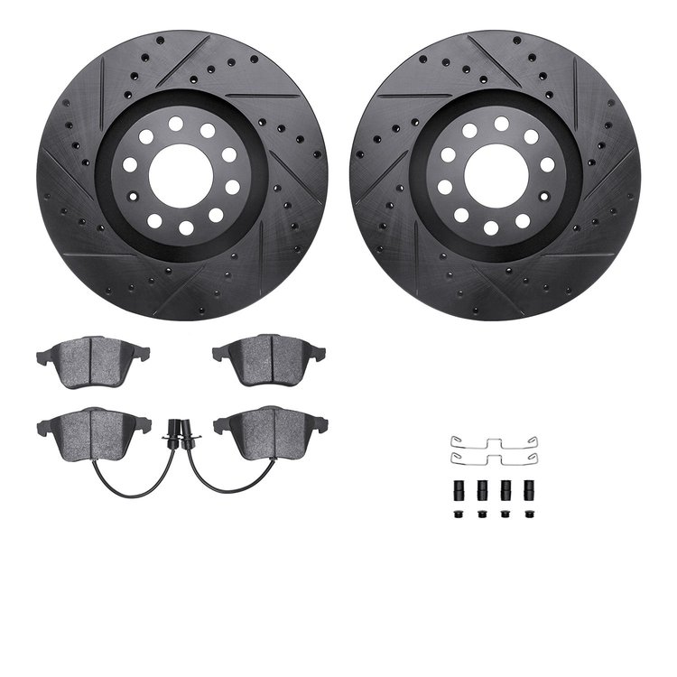 8312-73049 Drilled/Slotted Brake Rotors with 3000-Series Ceramic Brake Pads Kit & Hardware [Black], 2001-2005 Audi/Volkswagen, P