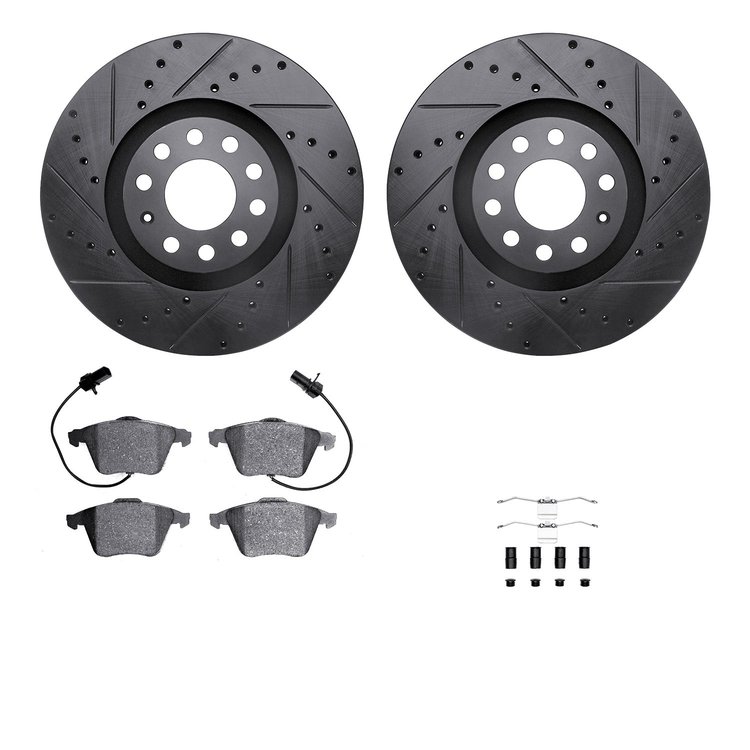 8312-73051 Drilled/Slotted Brake Rotors with 3000-Series Ceramic Brake Pads Kit & Hardware [Black], 2000-2009 Audi/Volkswagen, P